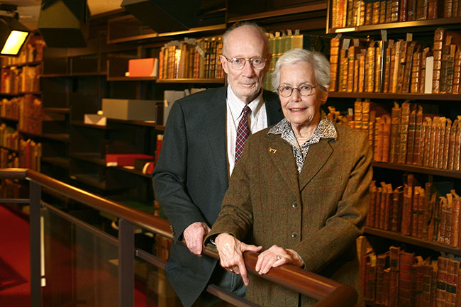 Russell and Katherine Morrison in 2010 inside the Thomas Fisher Rare Book Library