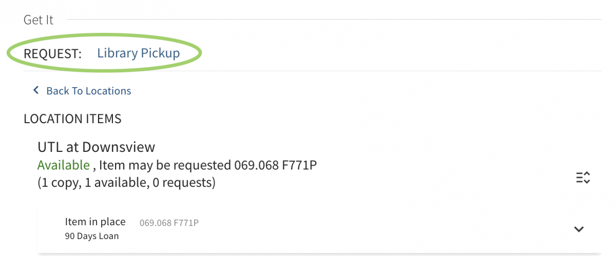screen capture showing how to request an item from downsview