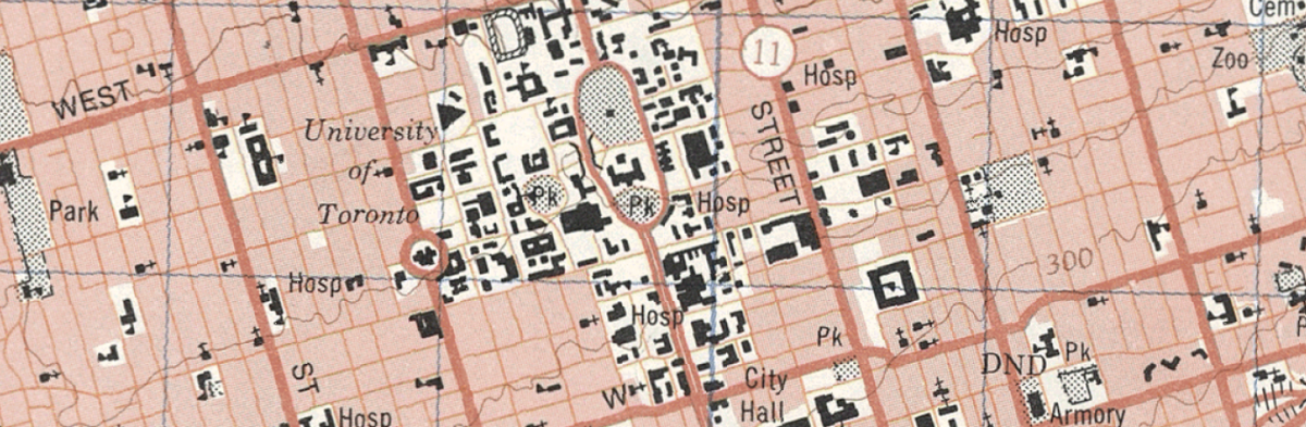 screenshot of historical topographic map interface featuring the university of toronto in the centre with a northern border of bloor street west, a southern border of Queen Street, an eastern border of Parliament Street, and a western border of Bathurst Street.