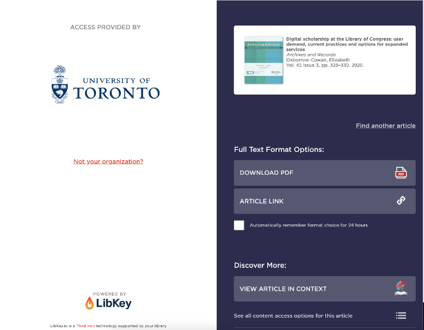 LibKey.io page with University of Toronto access displaying search results; articles with full-text access display "PDF" or "Full Text" links