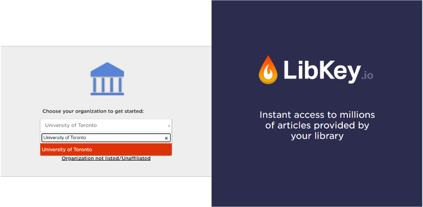 LibKey.io page with a drop down menu to choose your organization; Selection shows University of Toronto being highlighted