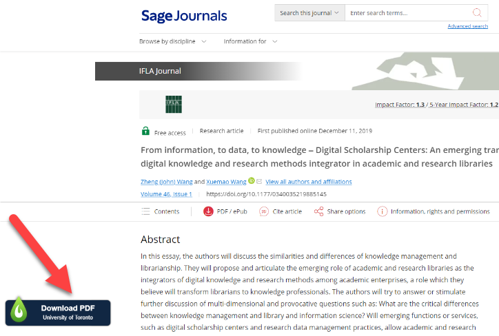 Webpage for a journal article,with a LibKey Nomad icon at the bottom of the screen, saying "Download PDF: University of Toronto" 