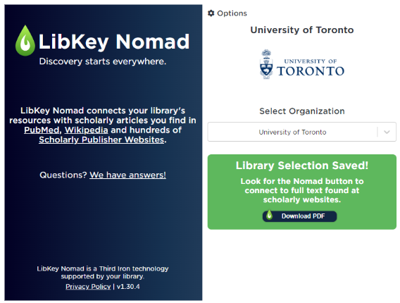 LibKey Nomad pop-up window with access options to select an organization 