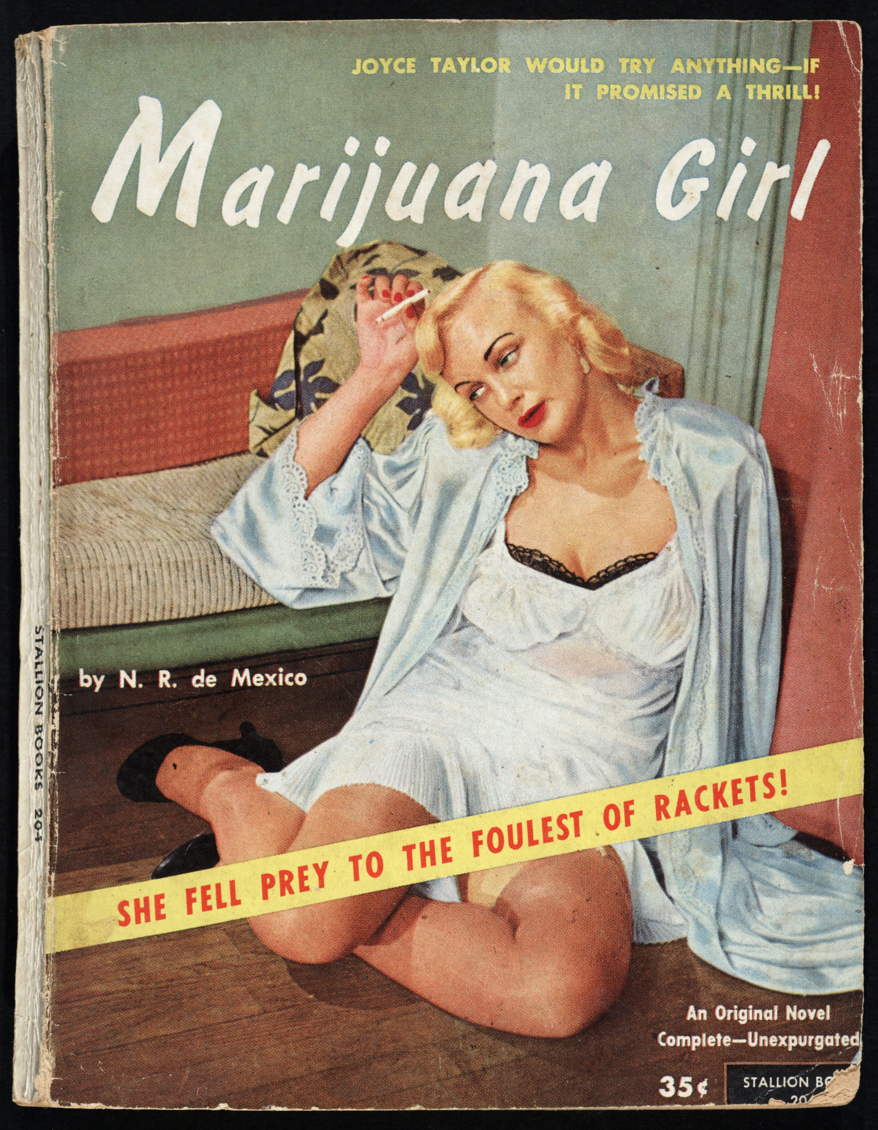 A book cover from the 50s titled Marijuana Girl. A white woman with curled blonde hair in a white nightgown and bathroom is sitting collapsed on the floor holding a joint. 