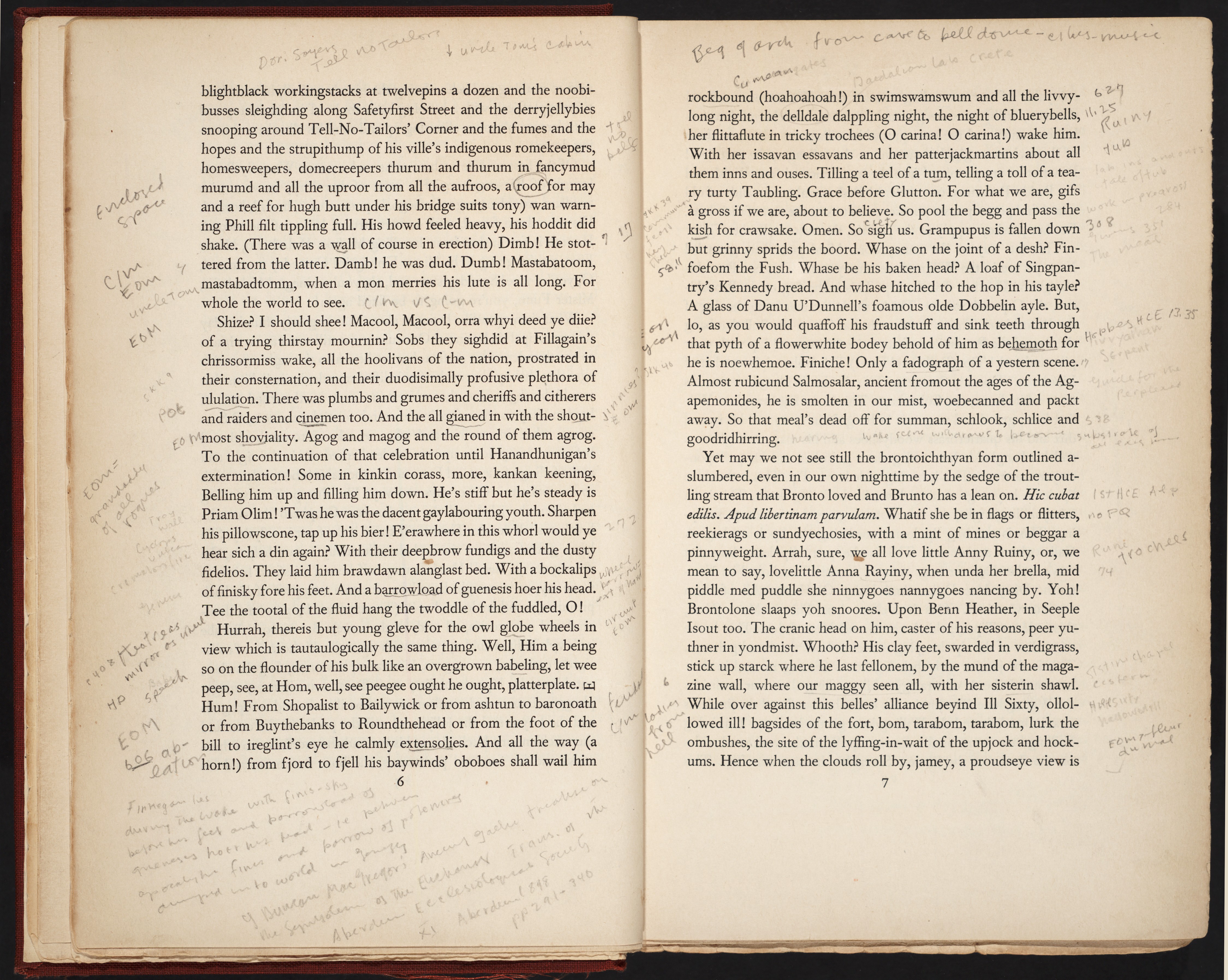 A yellowed manuscript of Finnegan's Wake by James Joyce is spread open with written annotations from the media theorist Marshall McLuhan.