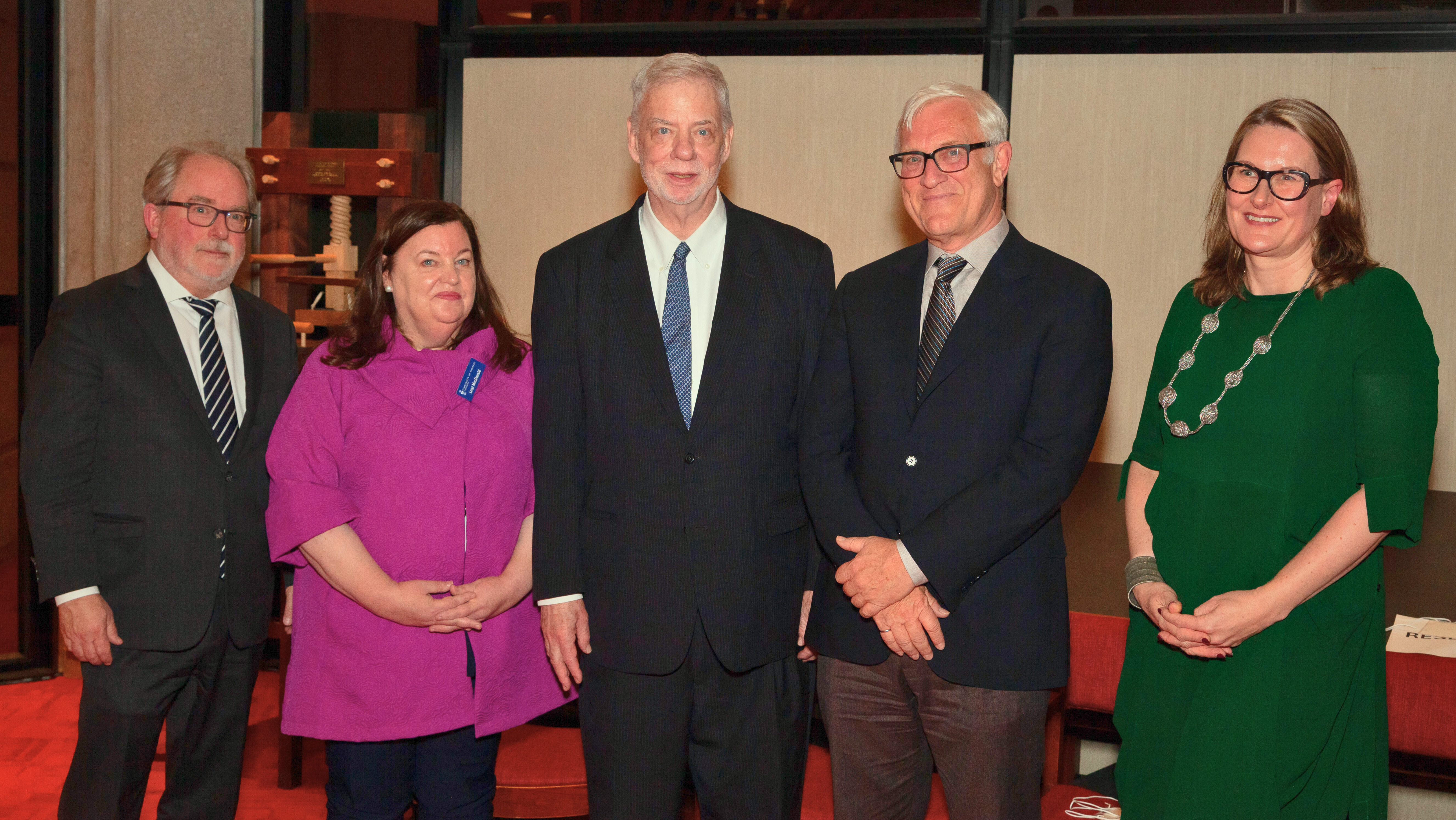 From left to right: Loryl MacDonald, Associate Chief Librarian for Special Collections and Director of the Thomas Fisher Rare Book Library;  David Palmer, Vice President of Advancement for the University of Toronto;  Larry Alford, University Chief Librarian; donor Mark Andrews and University of Toronto Vice President and UTM Principal Alexandra Gillespie.