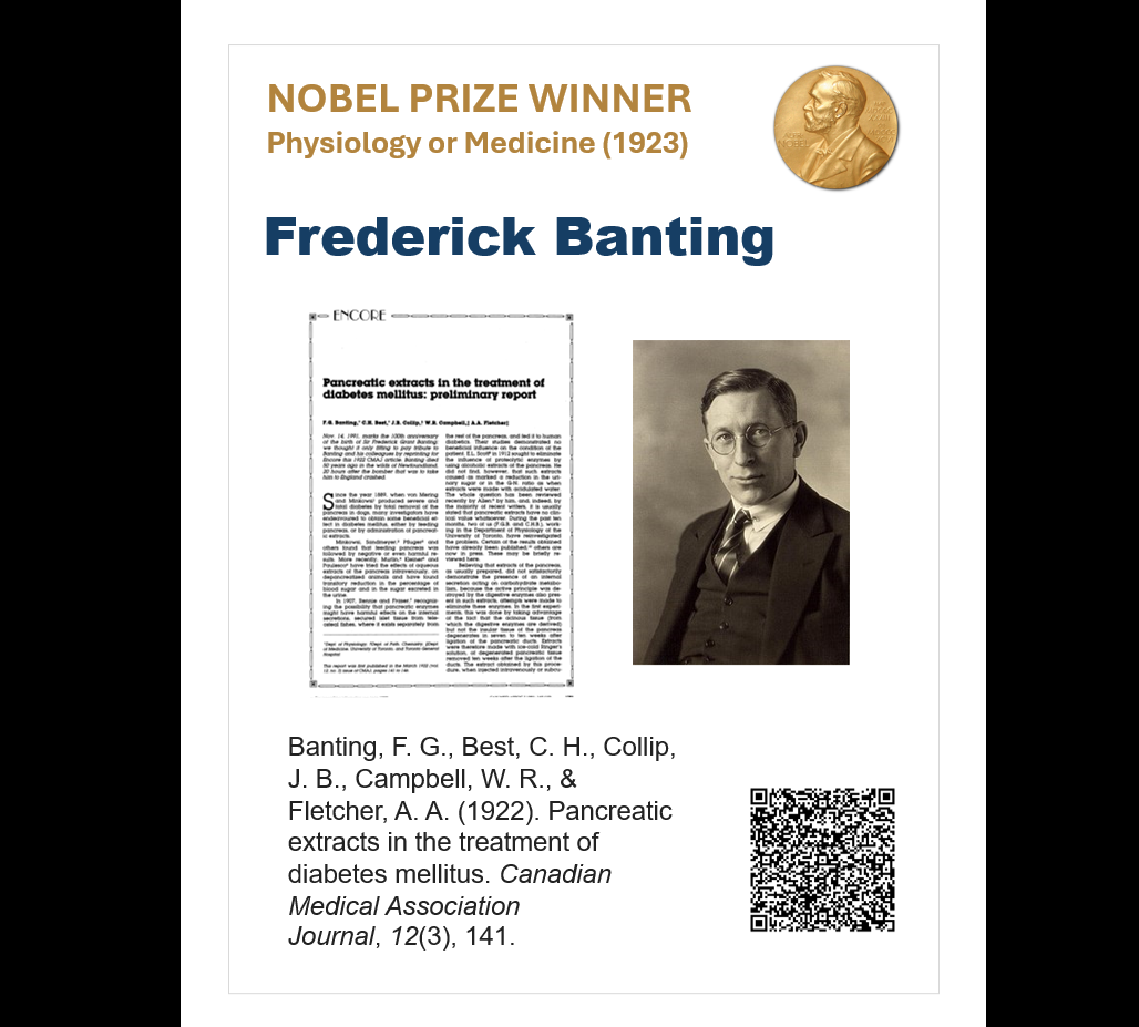 A poster with information about the Nobel prize awarded to Frederick Banting for insulin discovery. There is an image of Banting, a white man wearing glasses in his 40s, on the poster.