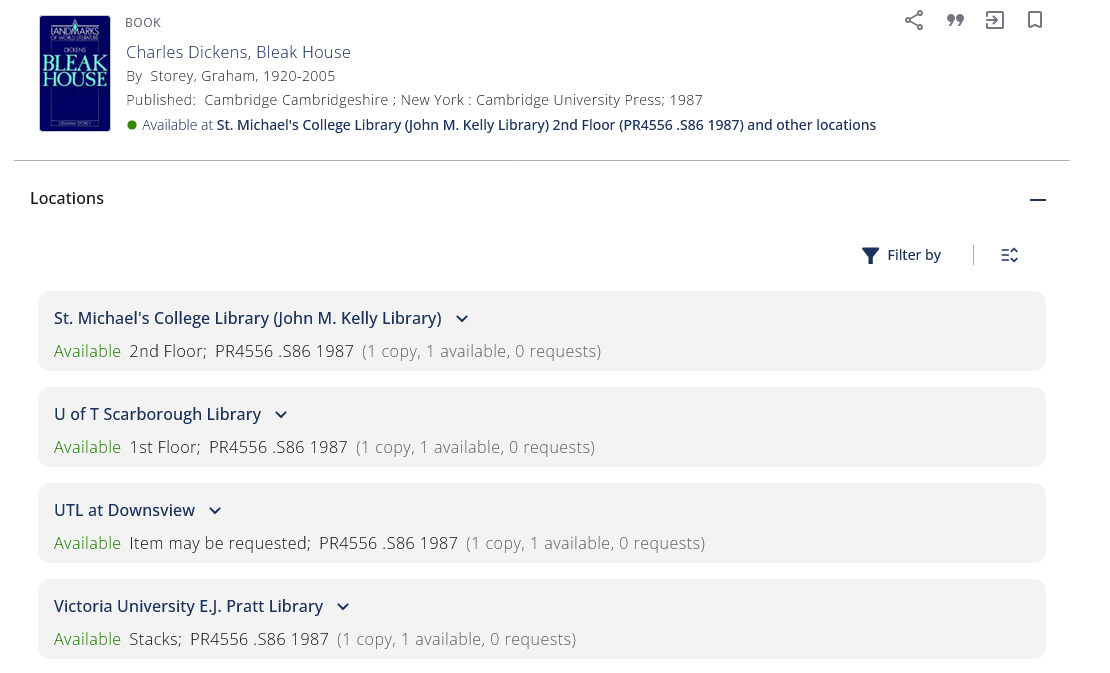 Screenshot of a LibrarySearch result for Charles Dickens Bleak House, listing the four places the item is available.
