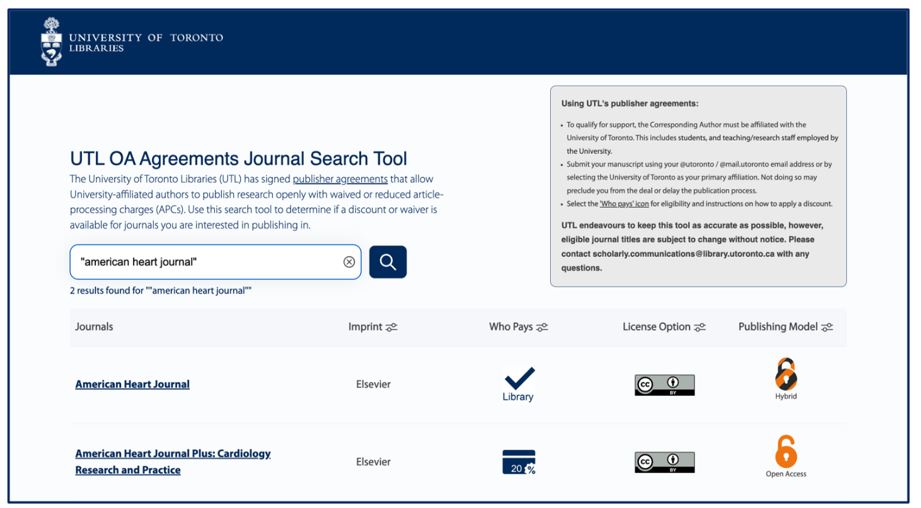 screen grab of UTL OA agreement journal search tool