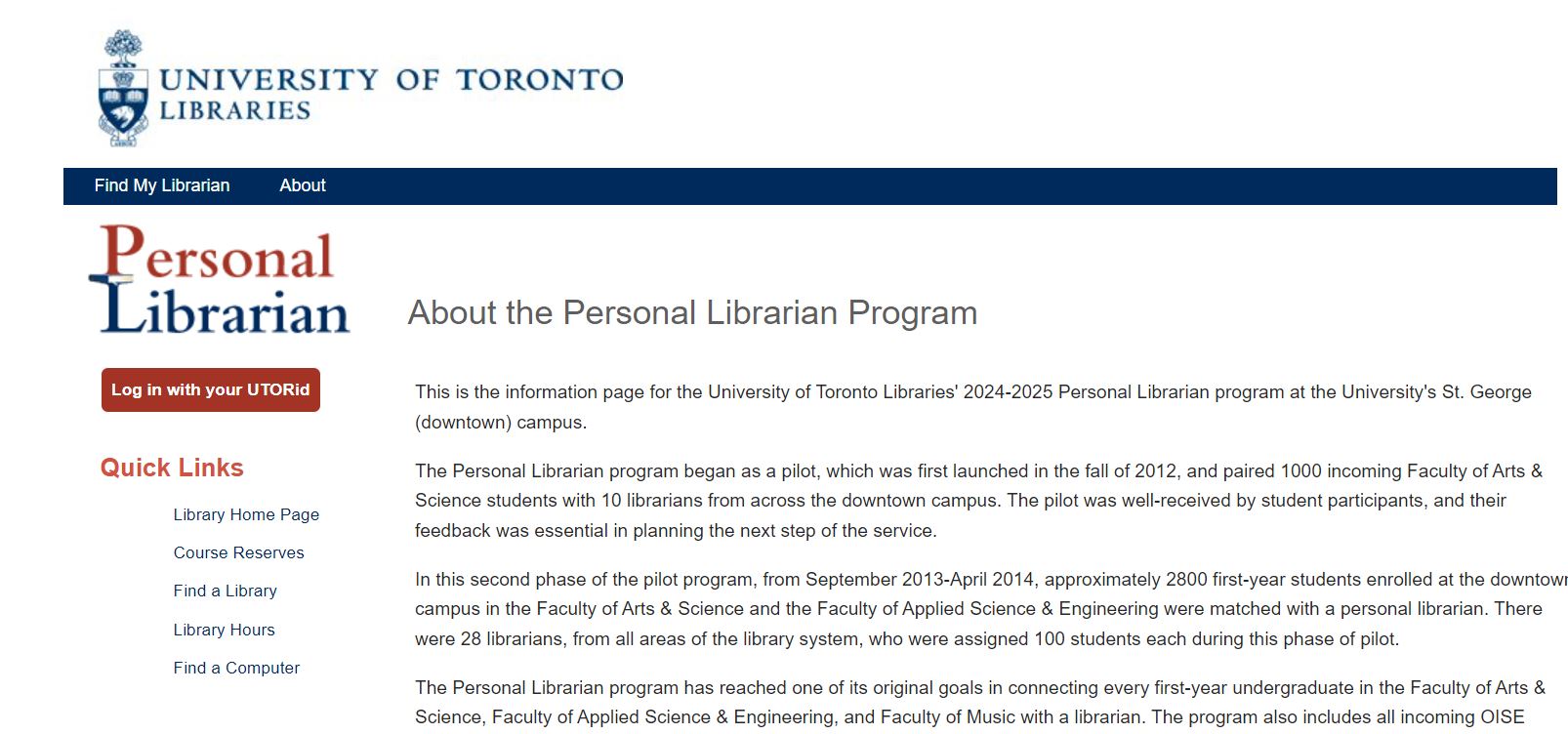 screen grab of personal librarian service landing page on library.utoronto.ca website.  