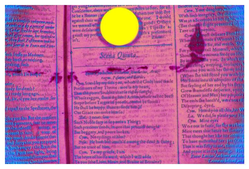 2D image scan of Shakespearean First Folio. This edition is known as "Rosebud" because someone pressed a rose in the book. The scan give a clear outline of the rosebud with pink and blue lights in the background