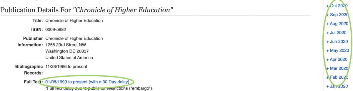 screenshot showing a list of issues of Chronicle of Higher Education journal