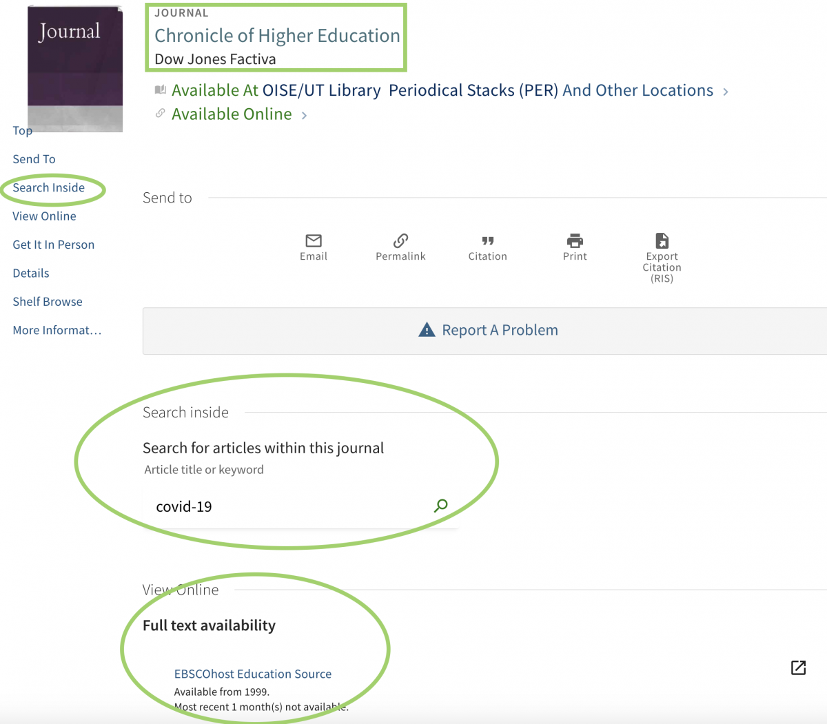 screen capture showing how to look for articles within the Chronicle of Higher Education