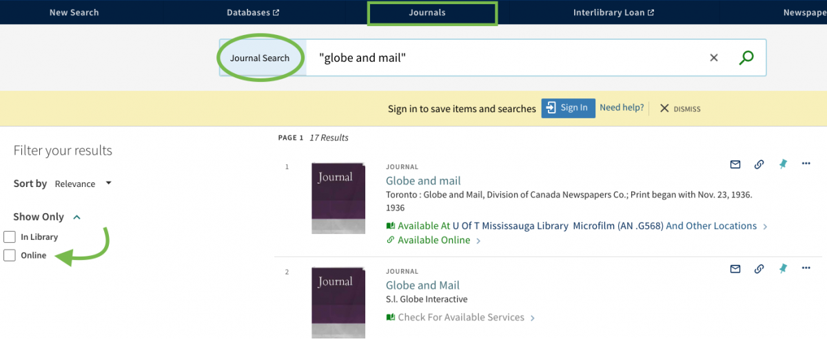 image of a journal search for globe and mail