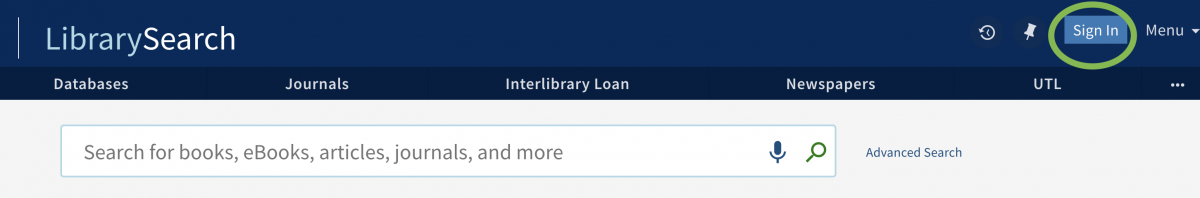 screen capture of sign in button in LibrarySearch