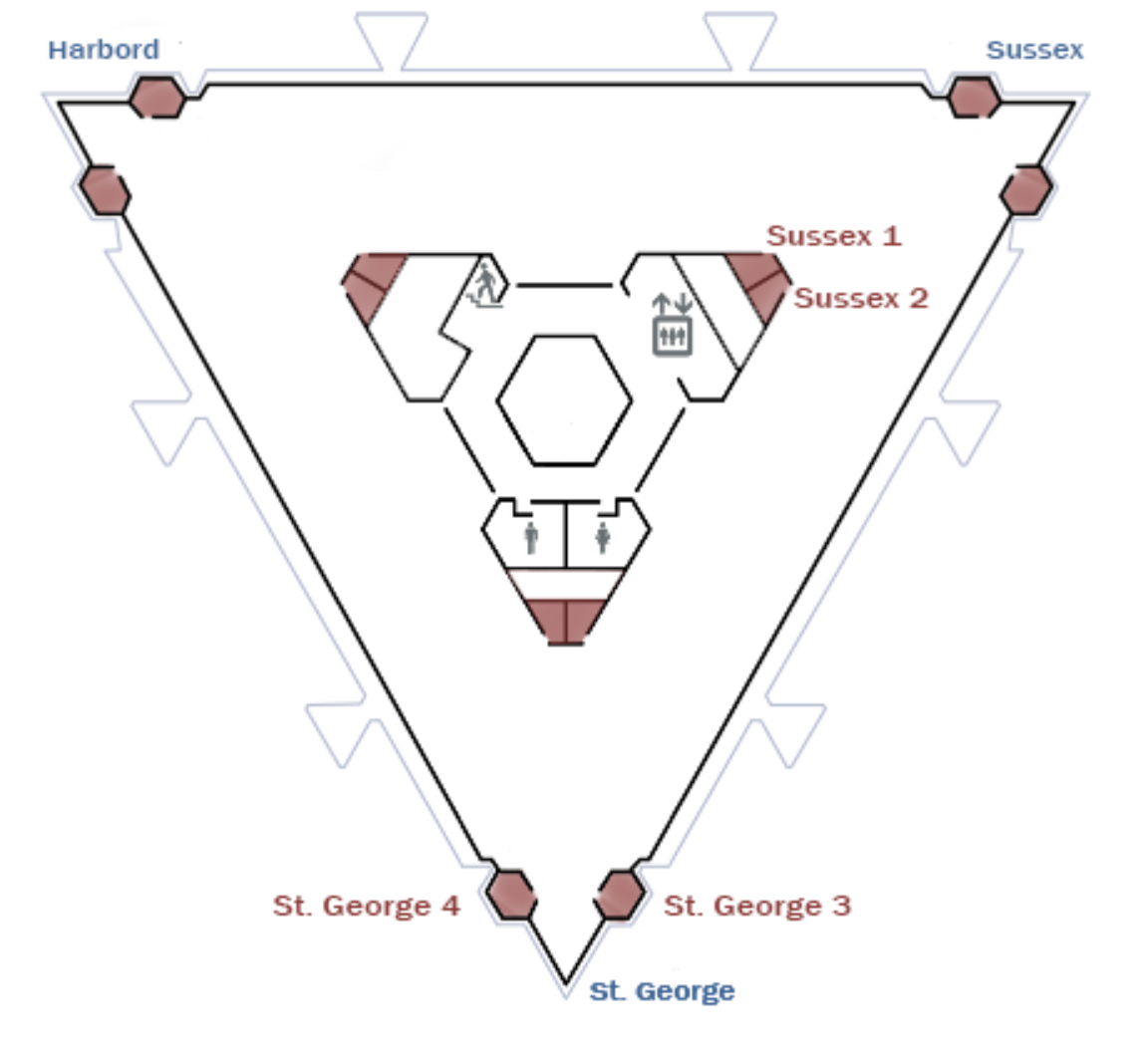 map of the group study rooms on each of 9, 10, 11, 12, and 13 floors of Robarts Library