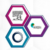 Three hexagons with the logos of  Elsevier, Oxford University Press, and The Company of Biologists.