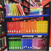 UTL Pride Staff showcase thumbnail image of books on a cart arrange in the colours of the rainbow from red all the way to pink