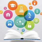 Graphic of a book with colourful idea bubbles coming out