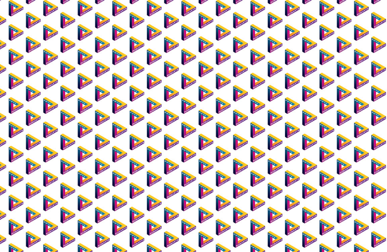 Triangular gradiant with the words Robarts Fifty repeated in a pattern